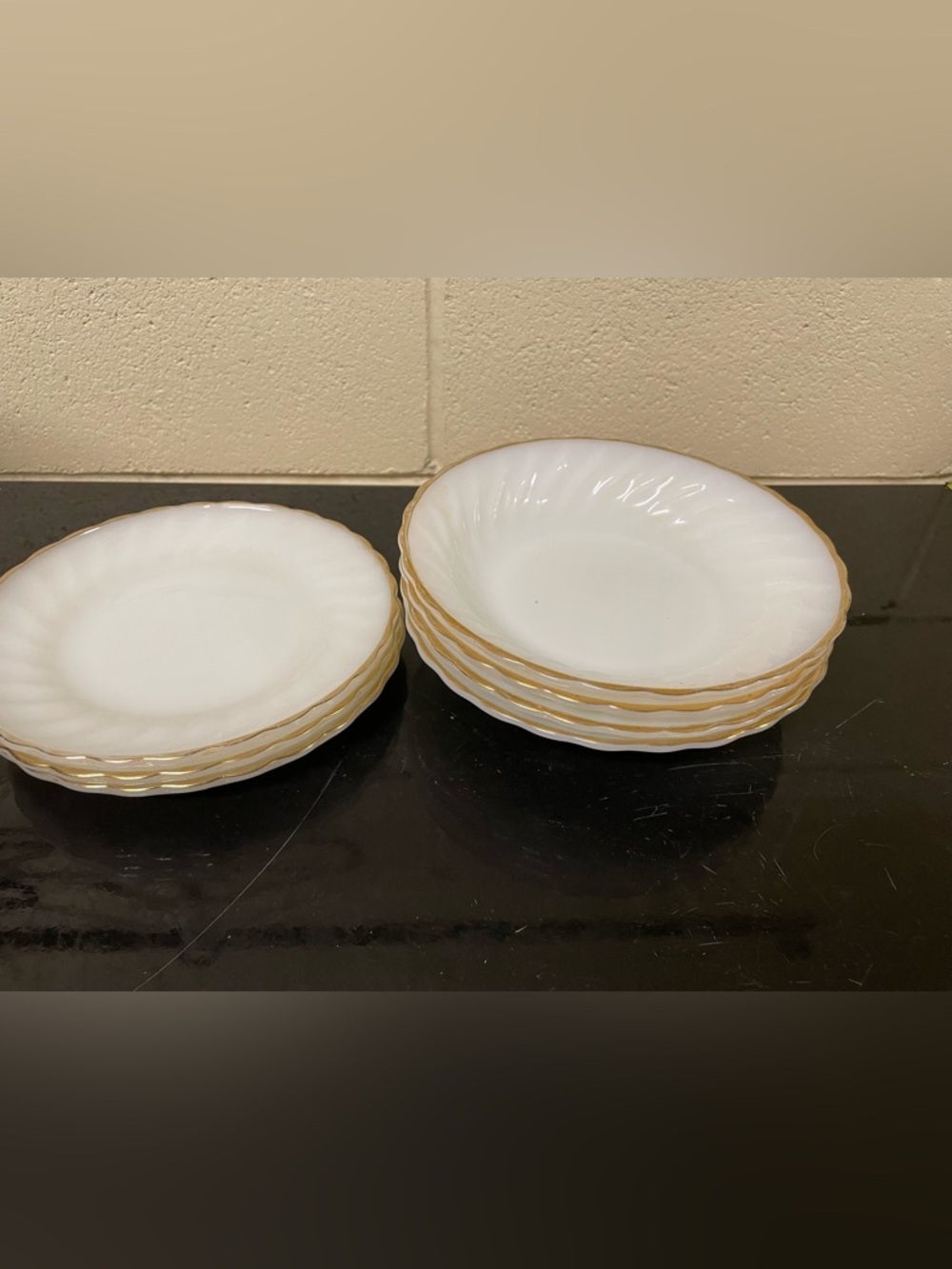 Vintage Fire King Milk Glass Bowls: Gold Trim Swirl Design, Set of 7